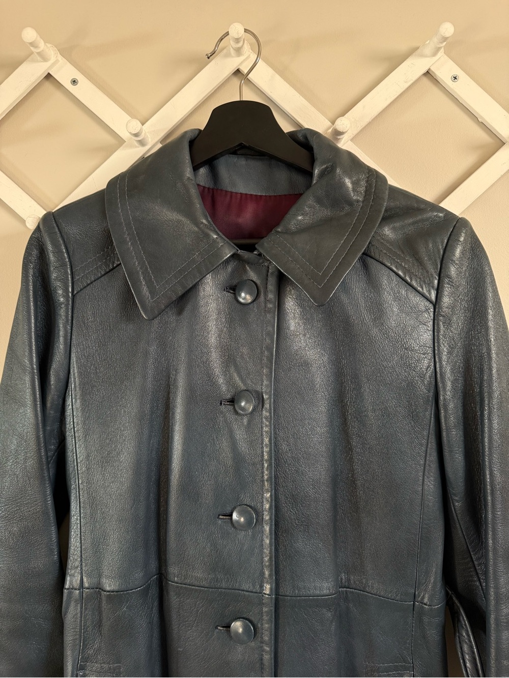 Vintage Genuine Leather Long Cool Dark Blue Belted Trench Coat Jacket - Picture 6 of 11